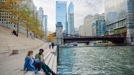 Relaxing along the River Walk in Chicago, Illinois Relaxing along the River Walk in Chicago, Illinois