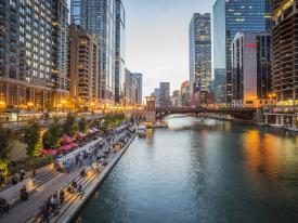 The Chicago Riverwalk at dusk in Illinois